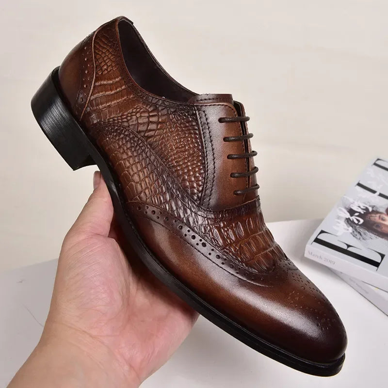 Men's Casual Crocodile Pattern Leather Shoes – Slip-On Loafers, Brown/Black, EU 40–48