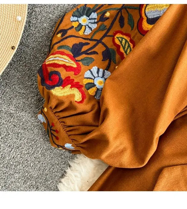 Retro Ethnic Sle Long Sve Embroidered round Ne A-Line Cotton Linen Dr Slimming Waist Cinched Ele Long Dr