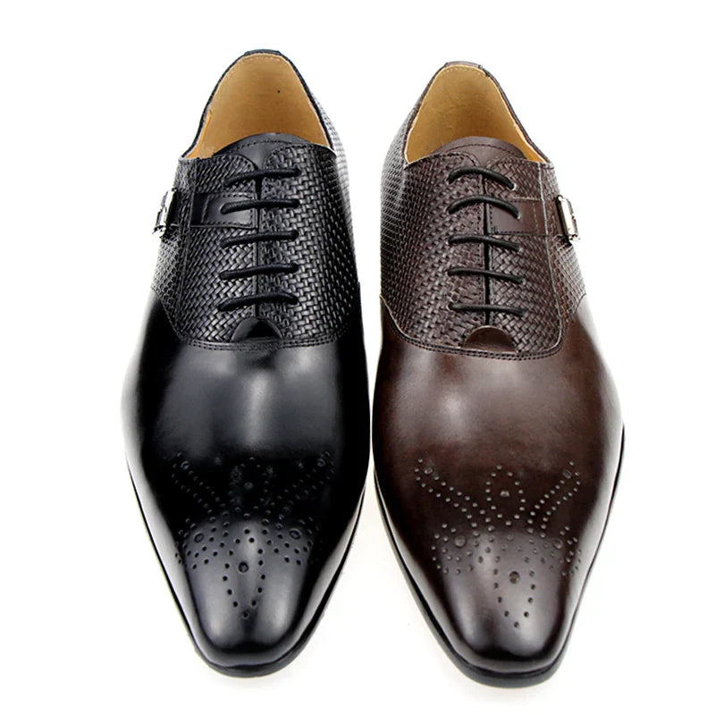 Mens Formal Genuine Leather Shoes Fashion Zapato Social Male Wedding Dress Loafer Weave Printing Lace-up Daily Brogue Shoes