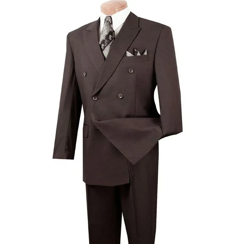 Brown Double Breasted Men Suit Gentlemen Peak Lapel Business Smart Casual 2 Piece Jacket Pants Male Clothing High Quality Blazer