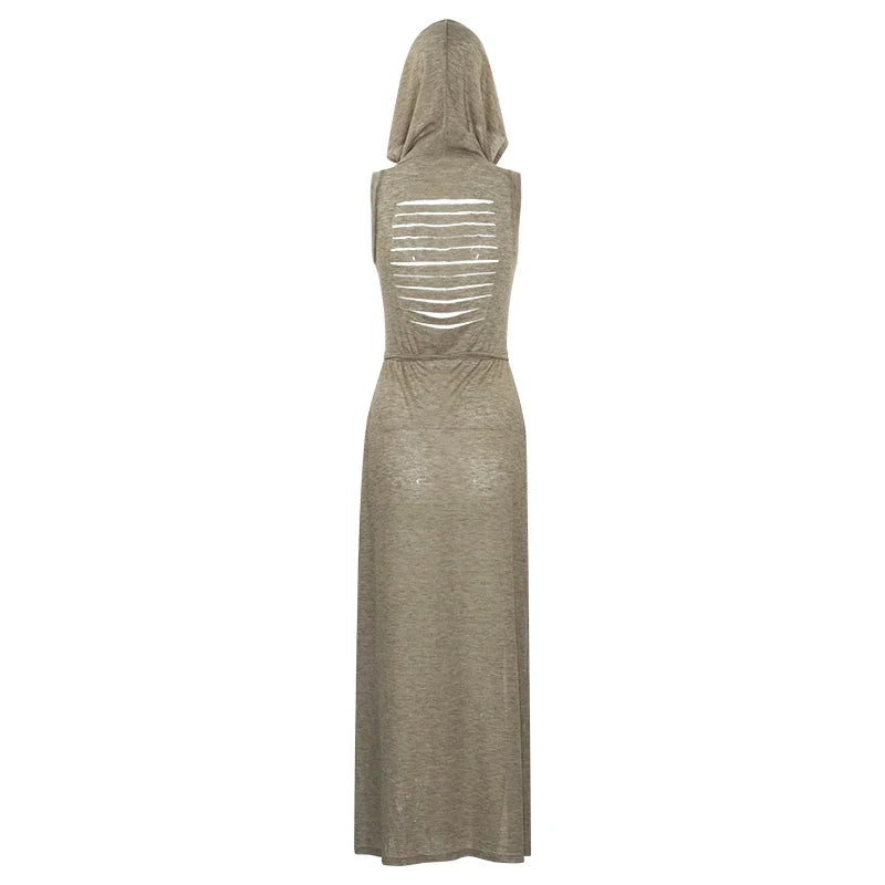 Summer 2023 Sexy European And American Style Sleeveless Hooded Dress Long Split Hollow out Pure Color Women's Gown