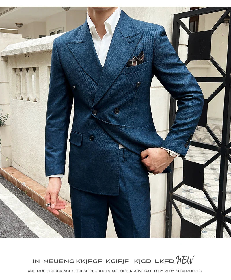 Men Vintage Luxury Double Breasted Slim Fit Lapel Evening Gown ltalian Style Fashion High-end Groom Wedding Party Tuxedo 2 Piece