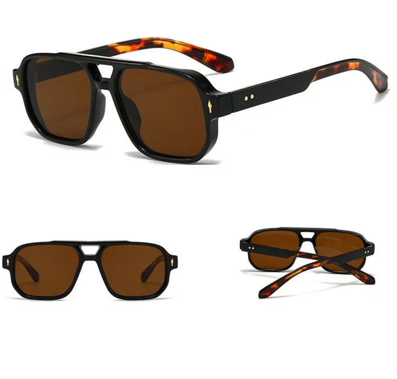Vintage Double Bridges Men Square Sunglasses Fashion Clear Ocean Lens Eyewear Women Trending Rivets Sun Glasses UV400