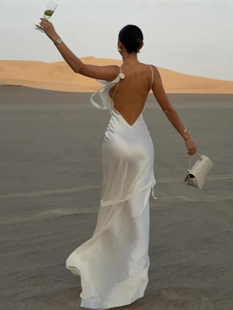 Elegant 3d Flowers Backless Dress Women Bodycon Swing Collar Sleeveless White Sling Maxi Robe 2025 Summer Lady Evevning Vestidos