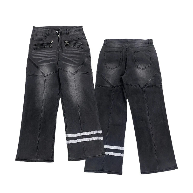 Spring new American retro high street ins trendy jeans straight leg loose dark printed casual pants long pants