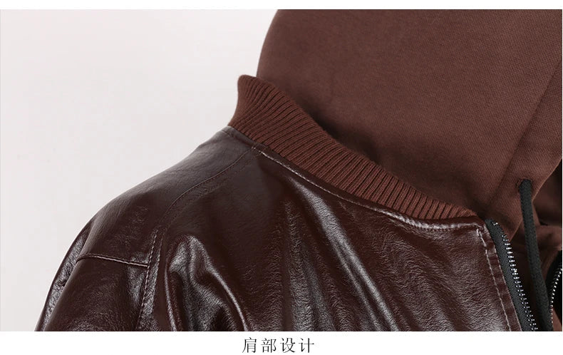 Autumn Winter Cool Handsome Oversized Brown Thickened Warm Leather Jacket Men with Hood Fake 2 Piece European Clothes