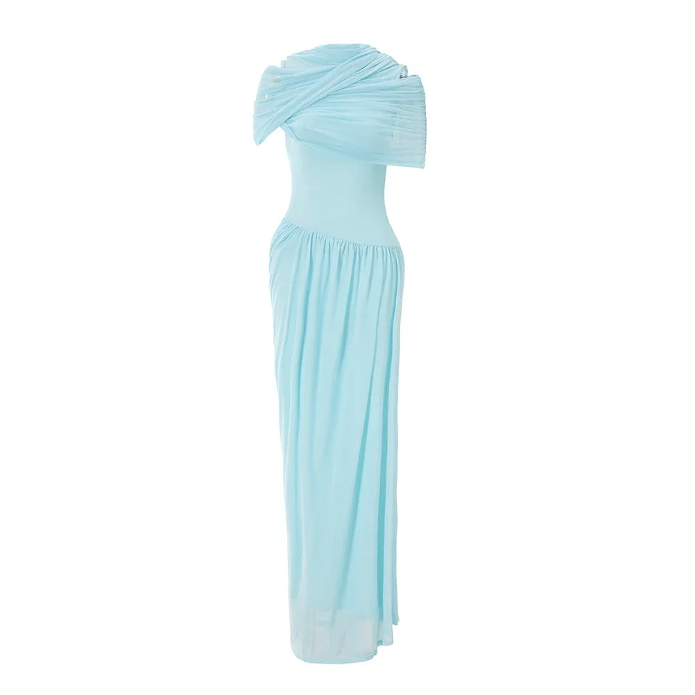 Suninheart Women Elegant Bodycon Maxi Dress Ruffled Long Mesh Dress Sexy Blue Vacation Wedding Guest Party Dresses