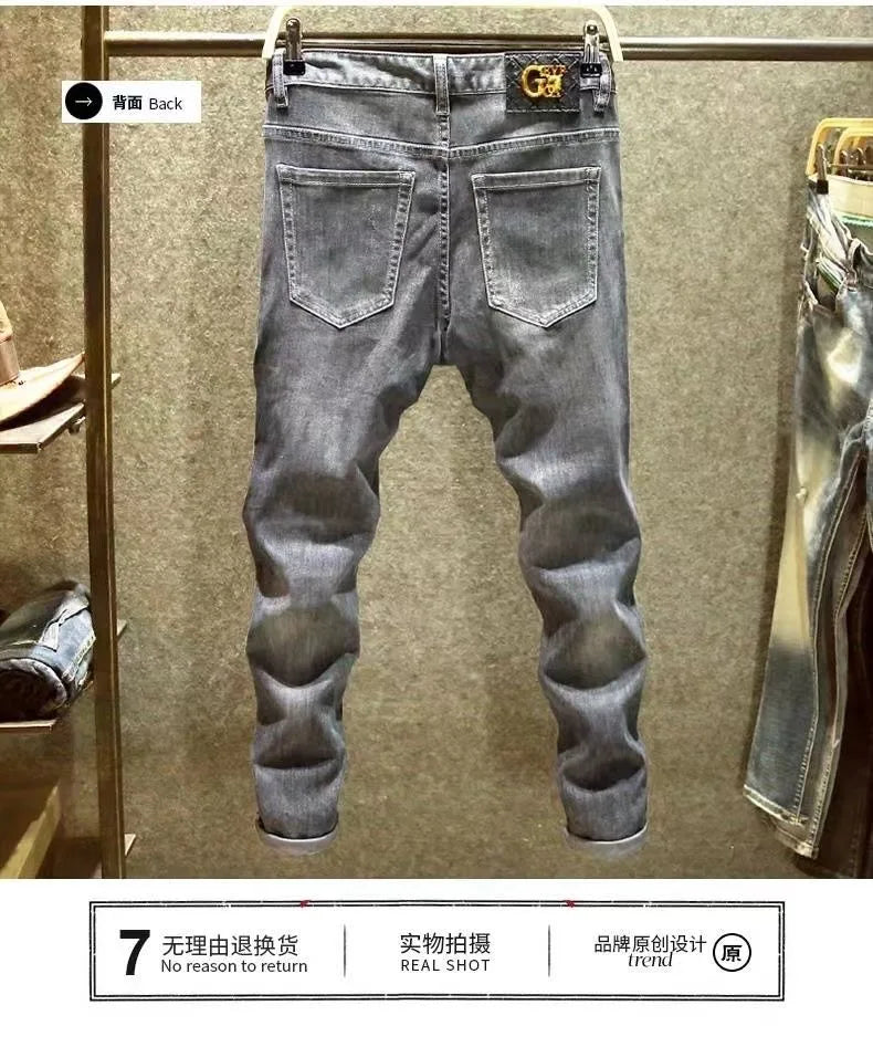 Spring and Autumn New Fashion Trend Print Retro Straight Leg Sports Denim Pants Men's Casual Slim Breathable High-Quality Jeans