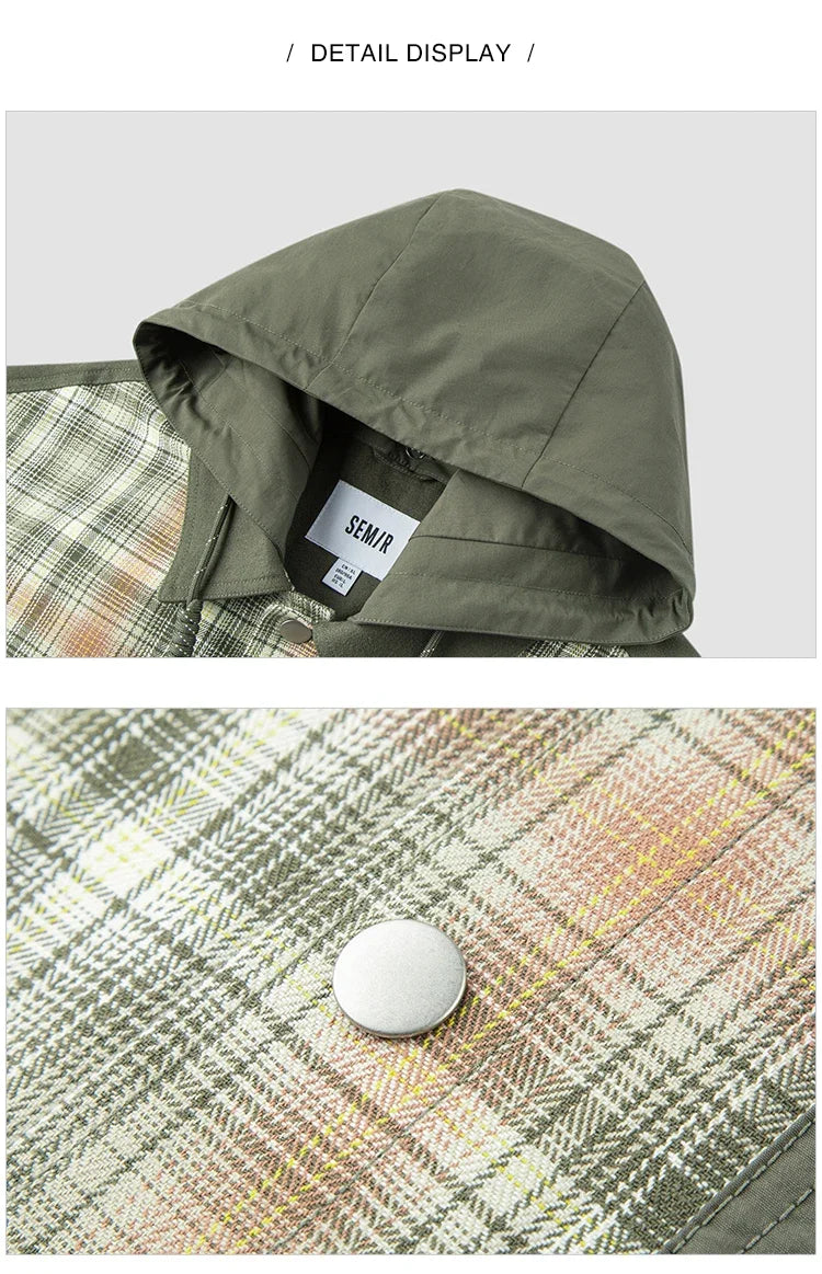 Outerwear Men 2024 Spring New Patchwork Contrast Color Checkered Top Detachable Hooded Fashionable