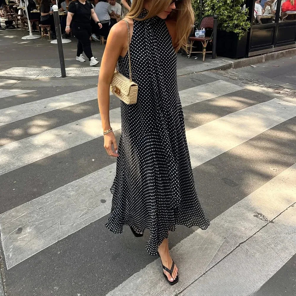 Sexy Halter Scarf Dot Print Dress Women Sleeveless Backless Chiffon Holiday Dress Fashion 2025 Summer Loose Beach Dress