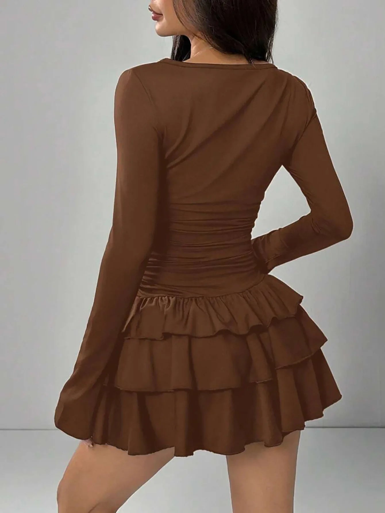 Autumn Winter Solid Color Slim Fit Cascading Ruffles Mini Dress Women Elegant Flare Sleeve High Waist Sexy Party Bodycon Dresses