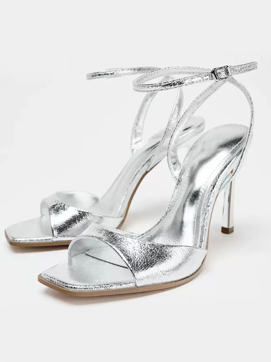 Silver Patent Leather Ankle Buckle Heeled Sandals Women Elegant Square Toe Open Toe High Heels Summer Sexy Party Dress Shoes