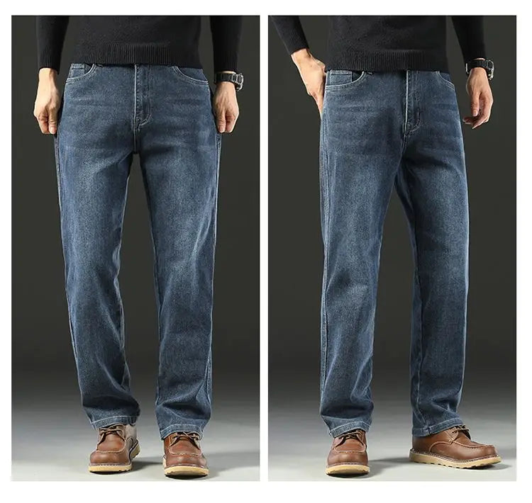 Men's Spring Autumn Soft Baggy Jeans Casual Straight Stretch Wide-Leg Business Denim Pants Versatile Comfortable Loose Trousers