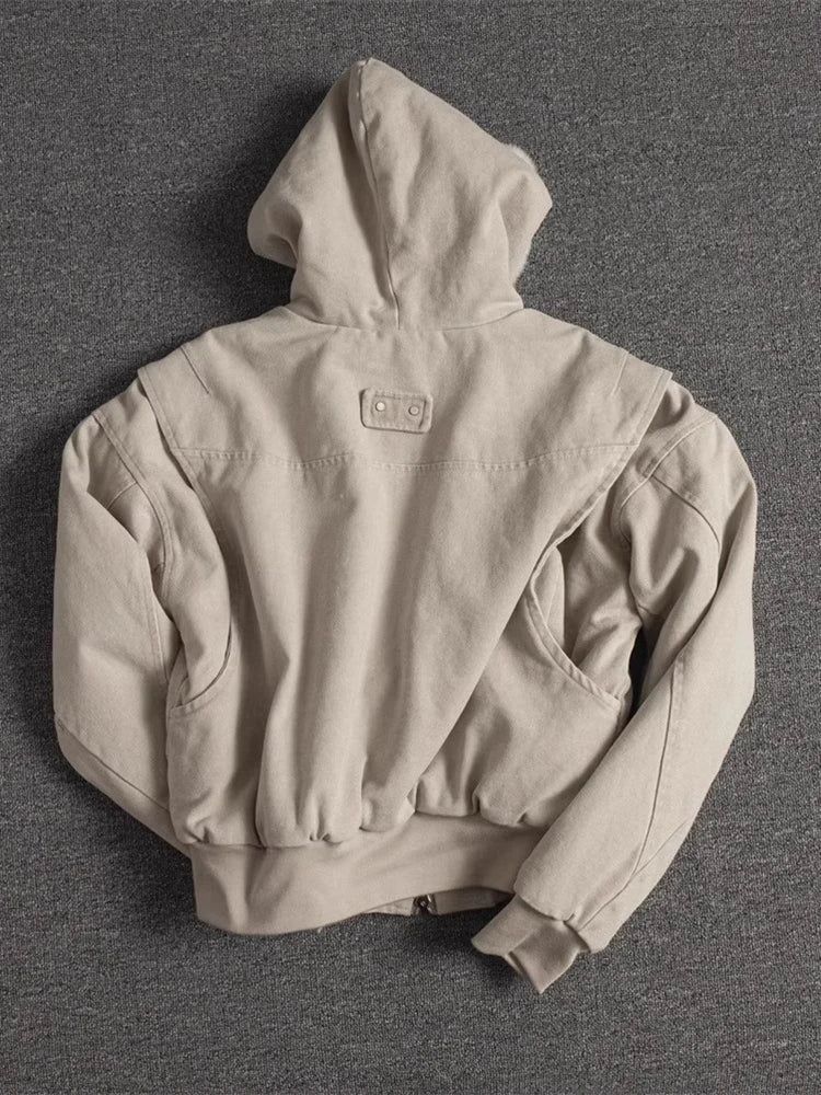Autumn Winter Short Thickened Warm Oversized Canvas Washed Padded Jacket with Faux Fur Inside Loose Casual Hoodie