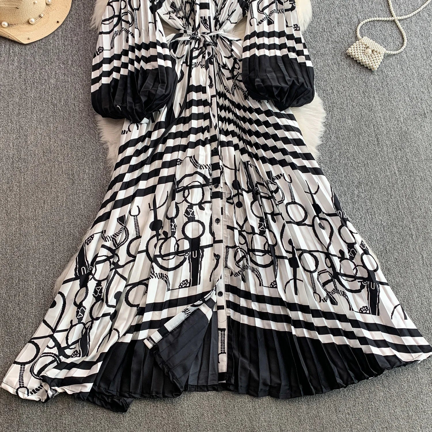 Printed round Ne Lantern Sve Dr Women's Single Button Waist Cinch Maxi Skirt Long Dr Commute Sle Autumn