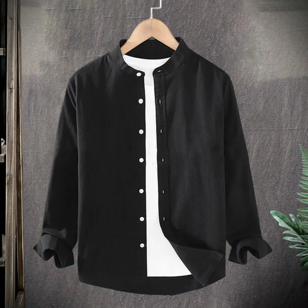 Flax Men Spring And Summer Stand Collar Long Sleeve Fashionable Men's Shirt Cotton Linen Shirt for Men Vintage Vacation Shirts