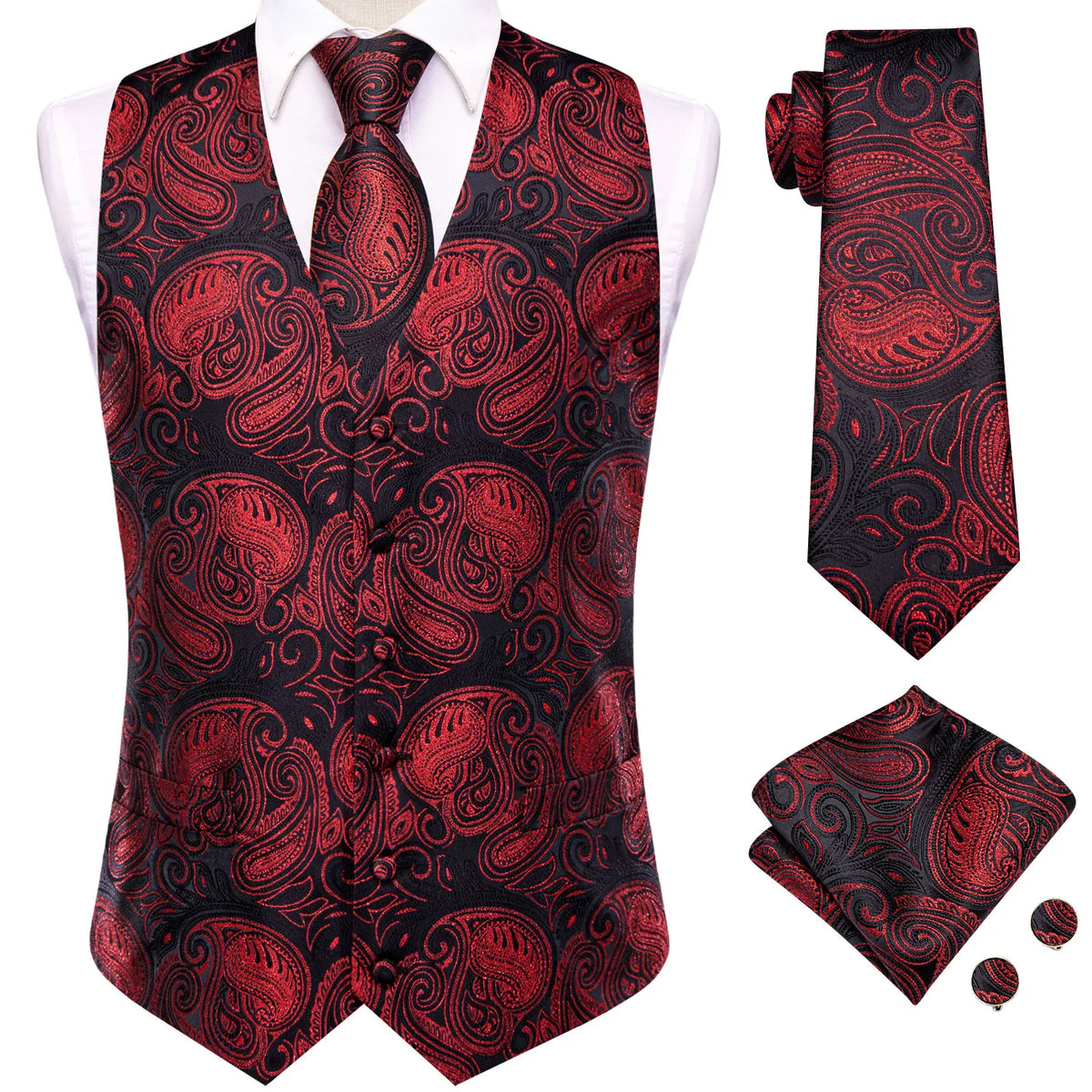Formal Rose Pattern Paisley Plain Solid Mens Vest Party Wedding Waistcoat Pocket Square Tie  Hankie Suit Set