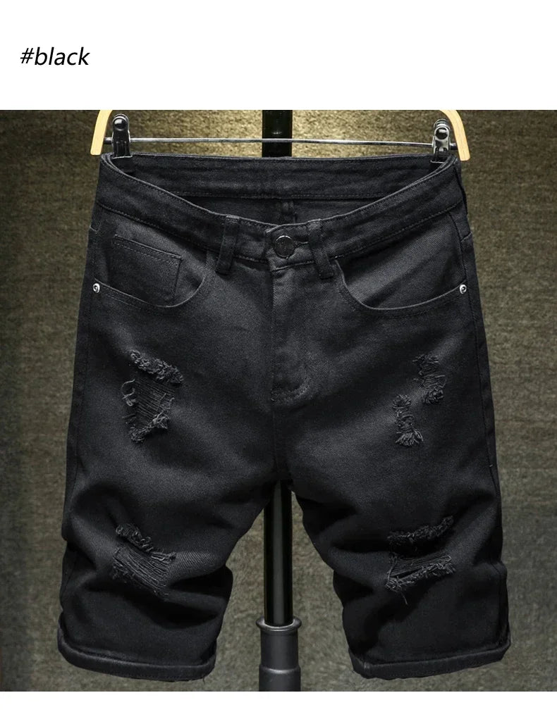 New White Jeans Shorts Men Fashion Ripped Knee Length Pants Simple Casual Slim Hole Denim Shorts Male Streetwear