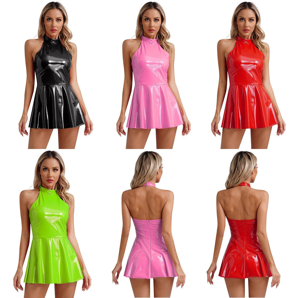 Womens Glossy Patent Leather Glossy Mini Skater Dress Halter Backless Bodycon Lingerie A-Line Dresses Rave Disco Party Clubwear