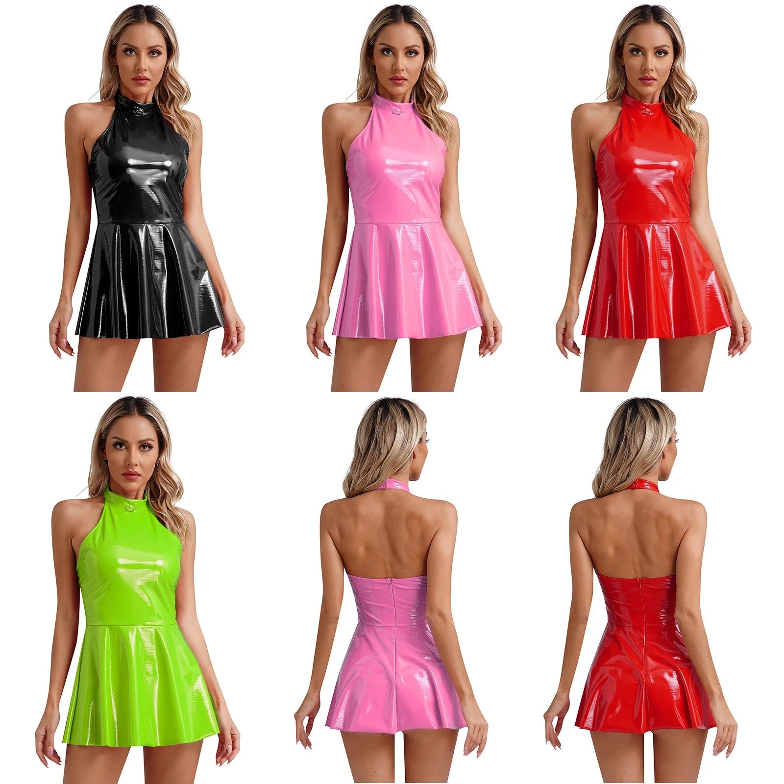 Womens Glossy Patent Leather Glossy Mini Skater Dress Halter Backless Bodycon Lingerie A-Line Dresses Rave Disco Party Clubwear