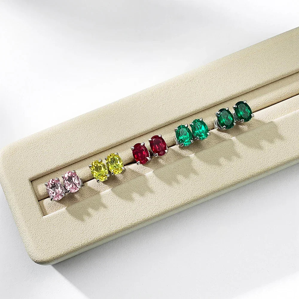 5*7mm Oval Cut Ruby Emerald Moissanite Stud Earrings Lab Grown For Women Man Unisex Gemstone Party 925 Silver Earring Gift