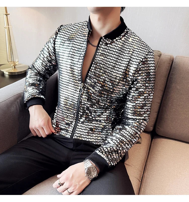 Men's Fashionable and Personalized Silver Sequin Jacket Summer New Ball Performance Suit Jacket Hip-hop Fashion Street Wear