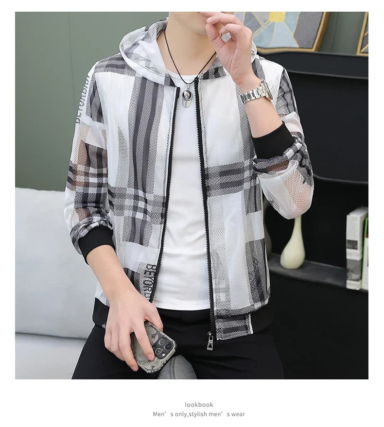 Men's Summer Mesh Sun Protection Clothing Trendy Stripe Print Ice Silk Cool Feeling Breathable Quick Dry Hooded Jacket
