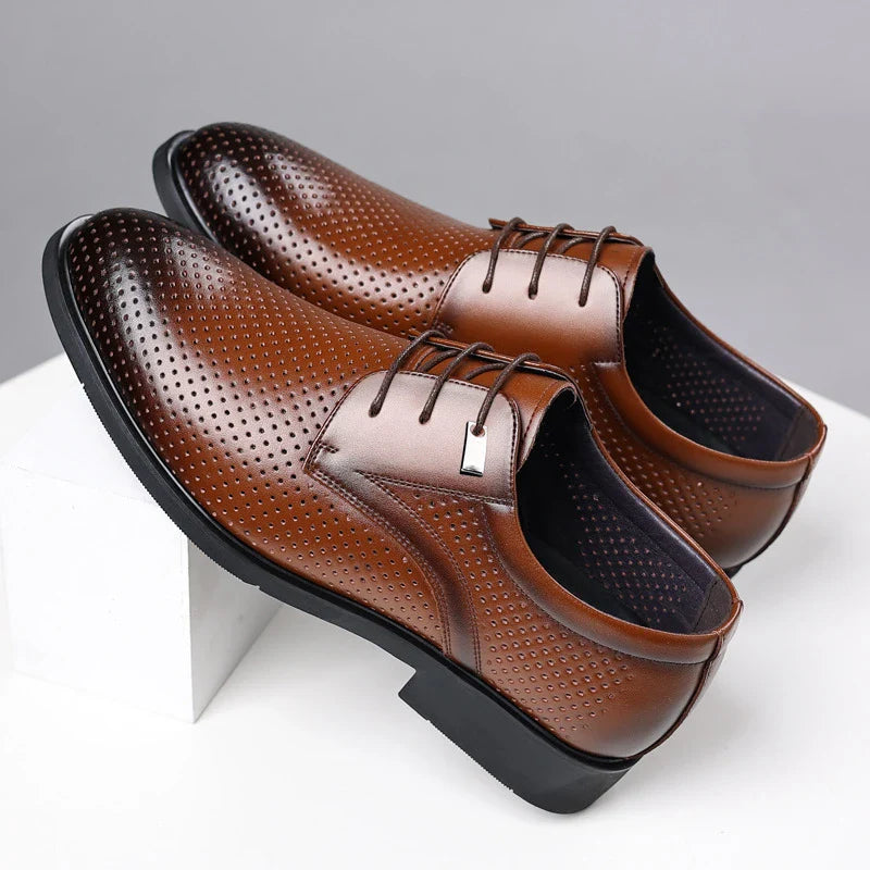 Mens Black Genuine Leather Perforated Metal Decor Lace Up Formal Business Office Breathable Summer Shoes Hollow Stylish Simple