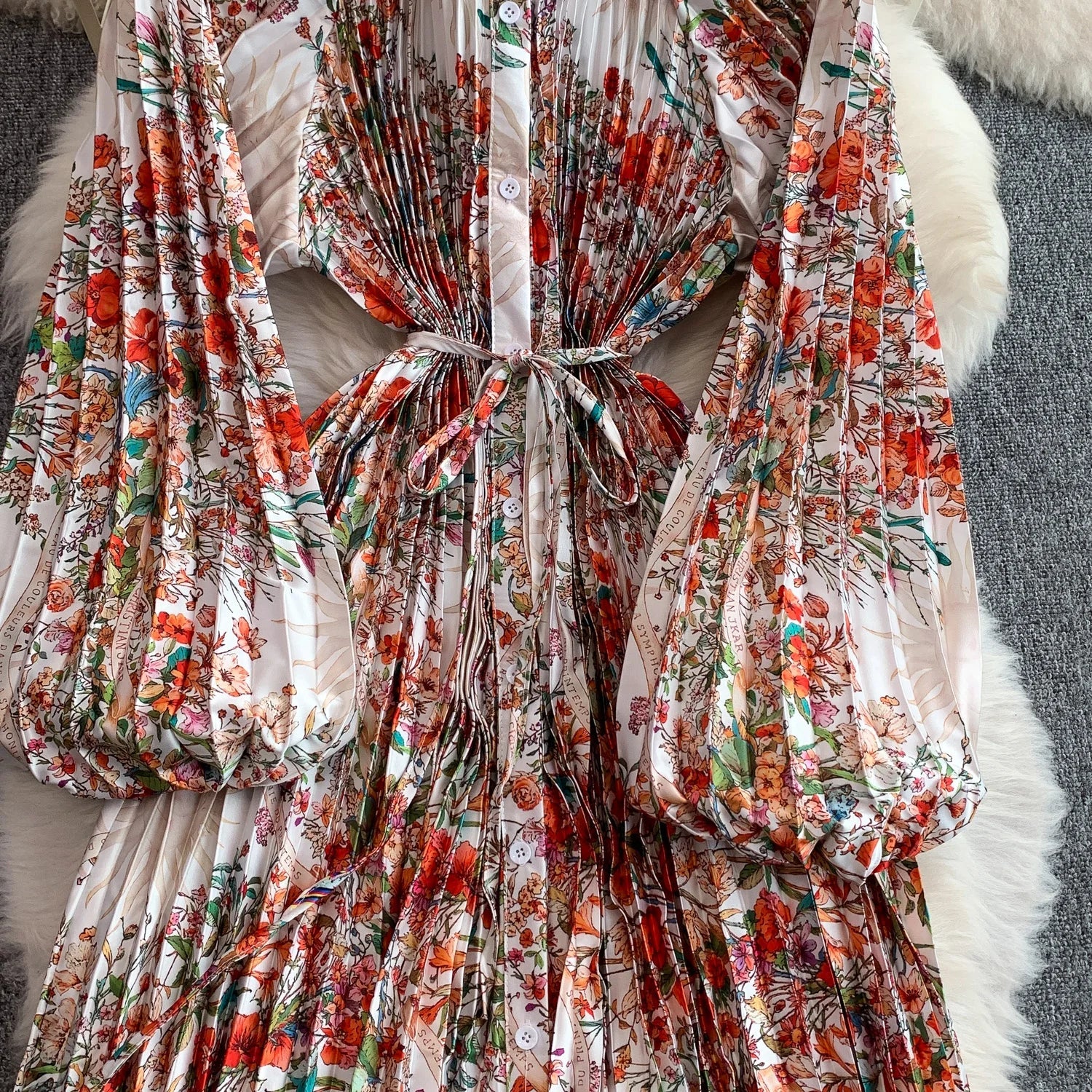 Printed round Ne Lantern Sve Dr Women's Single Button Waist Cinch Maxi Skirt Long Dr Commute Sle Autumn