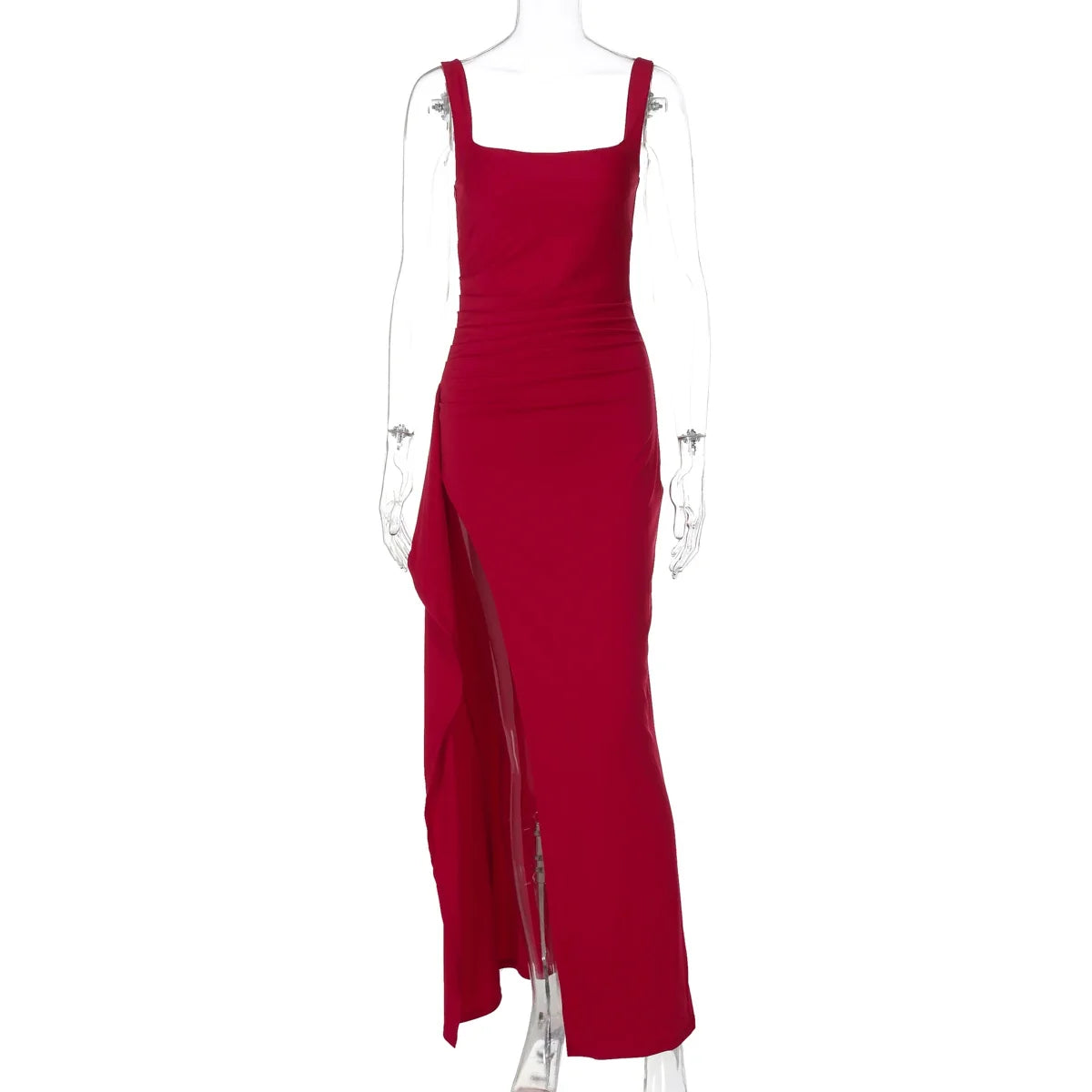 Women Elegant Solid Straps Slit Ruched Patchwork Sexy Bodycon Maxi Dress Summer Outfits Evening Party Birthday Festival