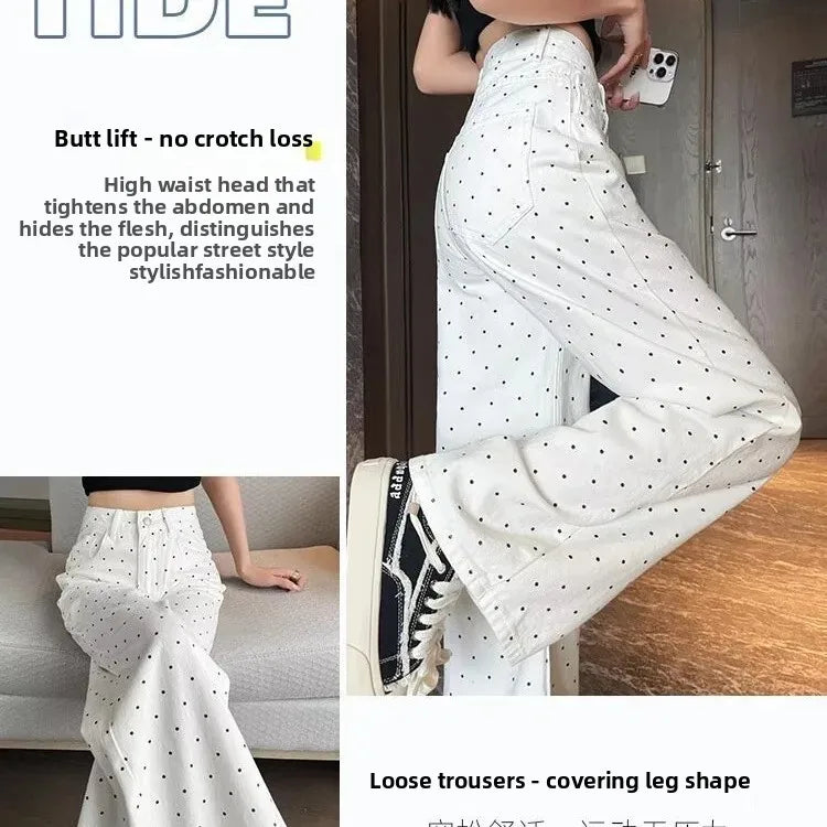 High Waist Wide Leg White Polka Dot Casual Denim Jeans