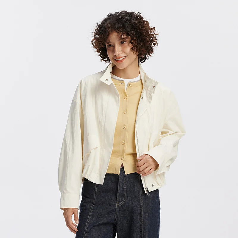 Women Jacket Solid Stand Collar Bubble Hem Oversize Dropped Shoulder Casual Style Autumn Outerwear Daily Wear 2026