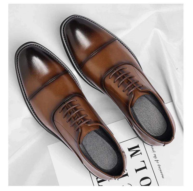 Mens Brown Gradient Leather Cap Toe Oxford Dress Shoes Lace Up Formal Business Office Work Daily Wear Comfortable Non Slip Shoes
