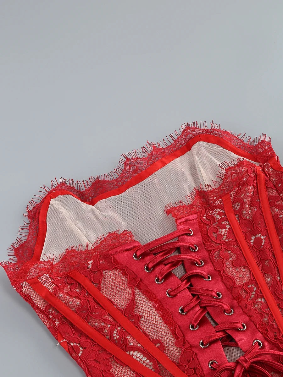 VC Christmas Dress For Women Red Lace Sexy Strapless Sleeveless Slim Supper Short Dress With Lace-Up