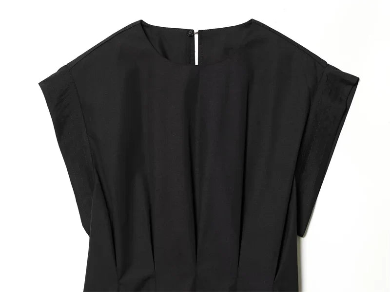 Women's Dress 2026 Spring New Black Short-Sleeve Pleated Decorative A-Line Long Dress Elegant and Simple Fashionable