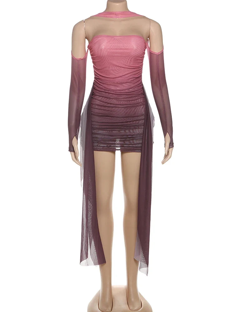 Summer Vacation Sexy See Through Dress+Shawl Women Ruched Side Ribbon Coquette Skinny Midnight Clubwear Party Bodycon