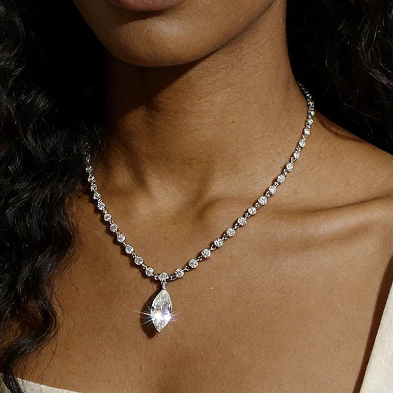 18k Plated Marquise Cut Moissanite Tennis Necklace for Women Choker Lab Diamond D Color Chain 925 Sterling Silver Jewelry