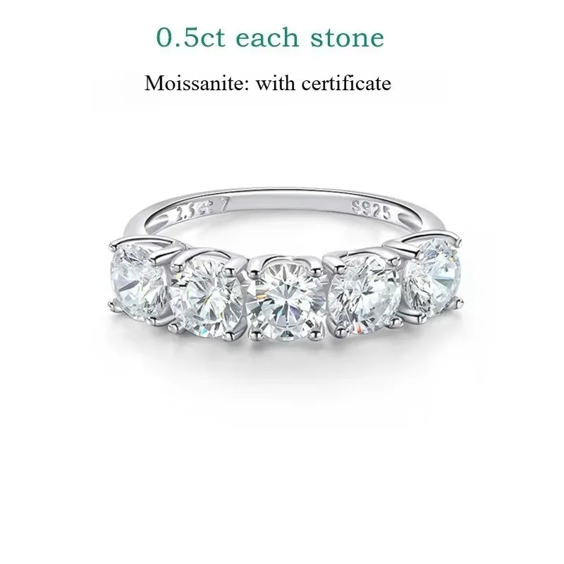 2.5/5CTTW D Color Genuine Moissanite Rings for Women 5 Gemstone Bridal Wedding Jewelry 925 Sterling Silver Wholesale Ring