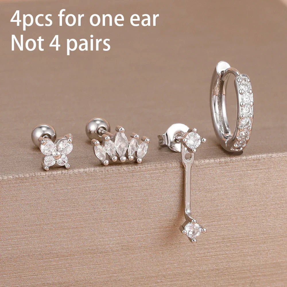 4PCS Stainless Steel Circle Huggie Hoop Earrings Set for Women Gold Color Unique Zircon Flower Stud Earring Piercing Jewelry