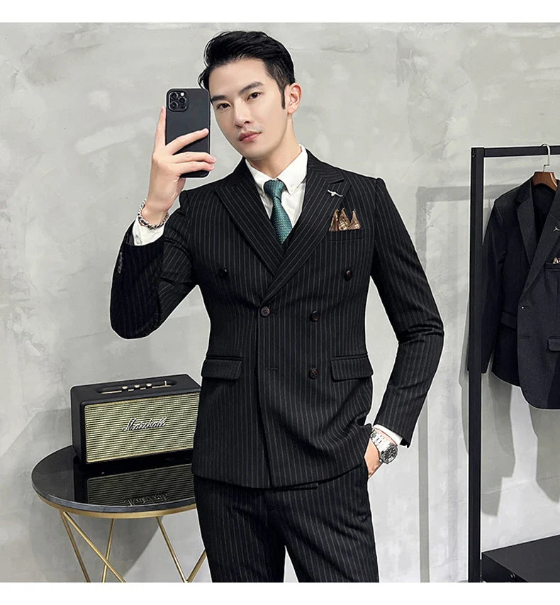 ( Blazer+Vest+Pants ) Groom Wedding Male Suit Luxury Brand Fashion Striped Men's Casual Business Office Double Breasted Suit
