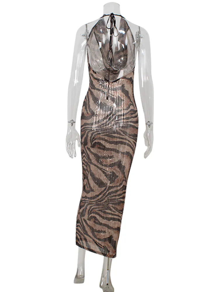 Leopard Printed Bodycon Sheath Party Women Dresses Sleeveless V Neck Backless Outfits Sexy Club Female Vestidos Robes