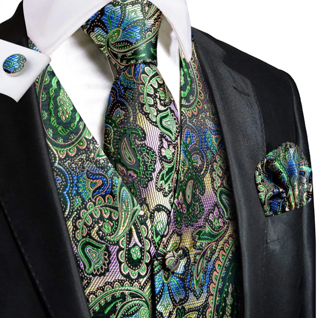 Fashion Silk Vest For Men Classic Gold Champane Yellow Waistcoat Jacket Tie Hankerchief Cufflinks Sets Dress Suit Wedding Hi-Tie