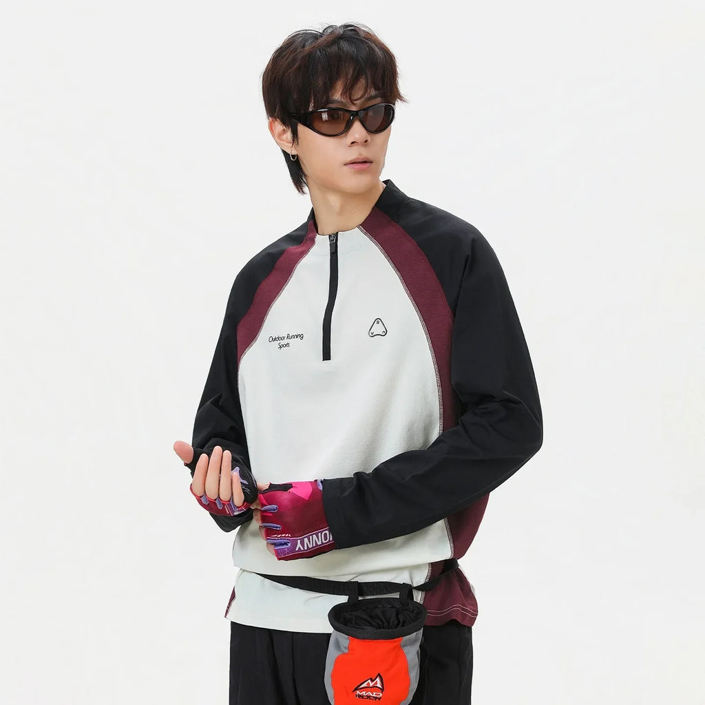 Men's Retro Colorblock Raglan Sleeve Long Sleeve T-Shirt – Loose Fit Half-Zip Athletic Top with Moisture-Wicking Fabric