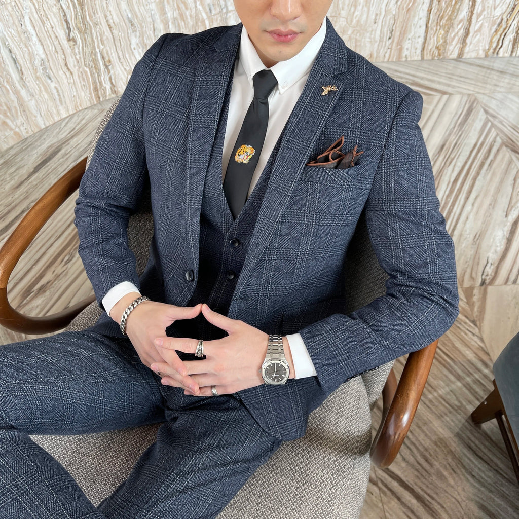 British Modified Plaid Three-Piece Suit for Men - Stylish Business Casual Suit Vest And Trousers Set