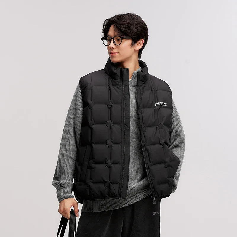 Down Vest Men 2024 New Winter Stand-Up Collar Printed Textured Outerwear Stacking Inner Wear Fashion Versatile.