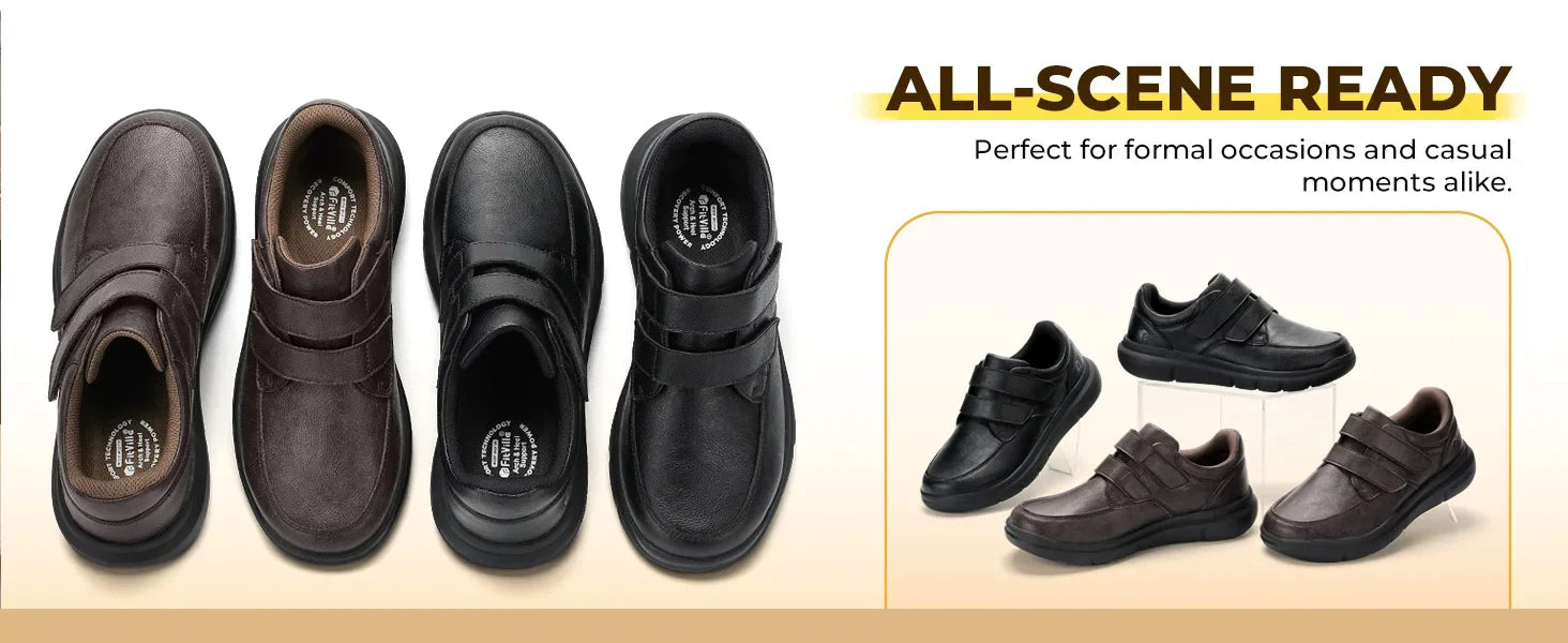 Men's Wide Walking Shoes Hook and Loop Comfortable Leather Business Shoes Orthopedic Diabetic Shoes for Swollen Feet