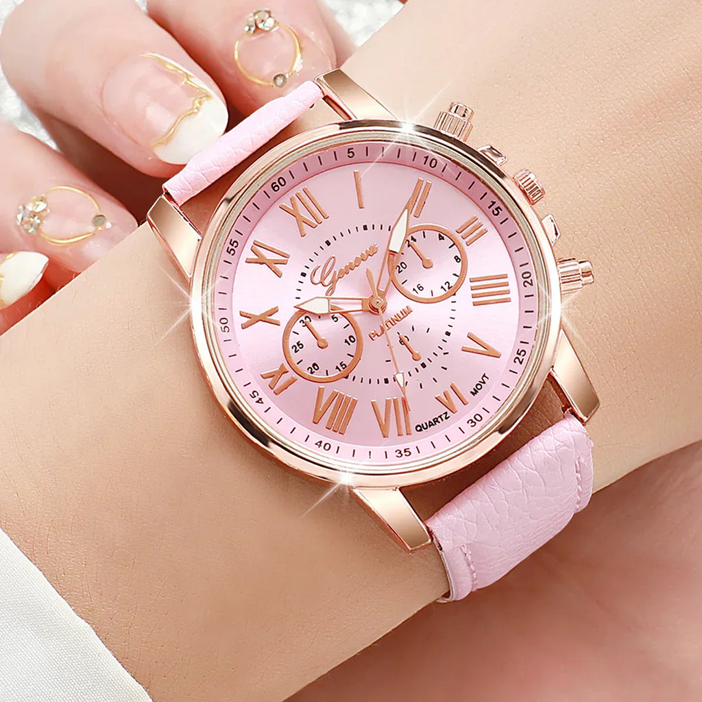6PCS/Set Fashion Roma Dial Women's Quartz Watch Casual Leather Band Analog Wrist Watches（Without Box）