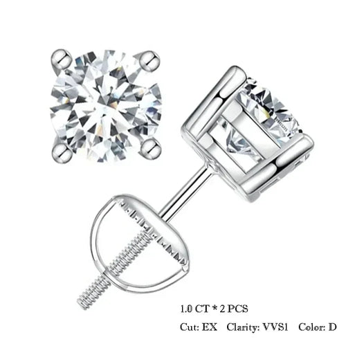 0.5-1ct Moissanite Screw Back Earrings for Women, D Color VVS1 Clarity Lab Created Diamond Earring White Gold Earrings