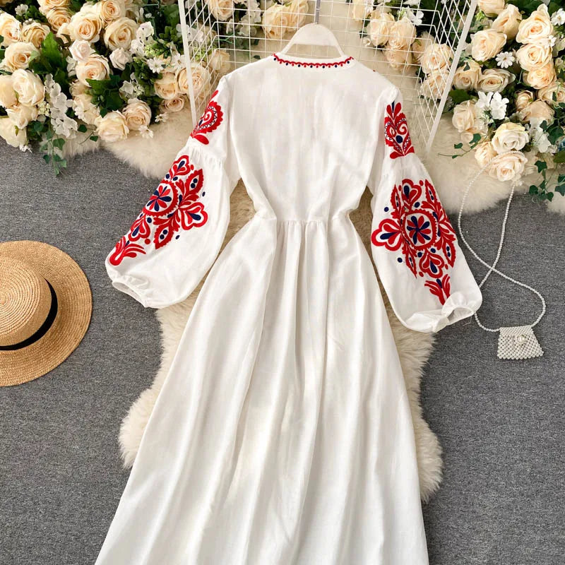 Embroidered Flower Long Sve Loose Fit Lantern Sve Gathered Slimming A-Line Dr Women's round Ne Dr