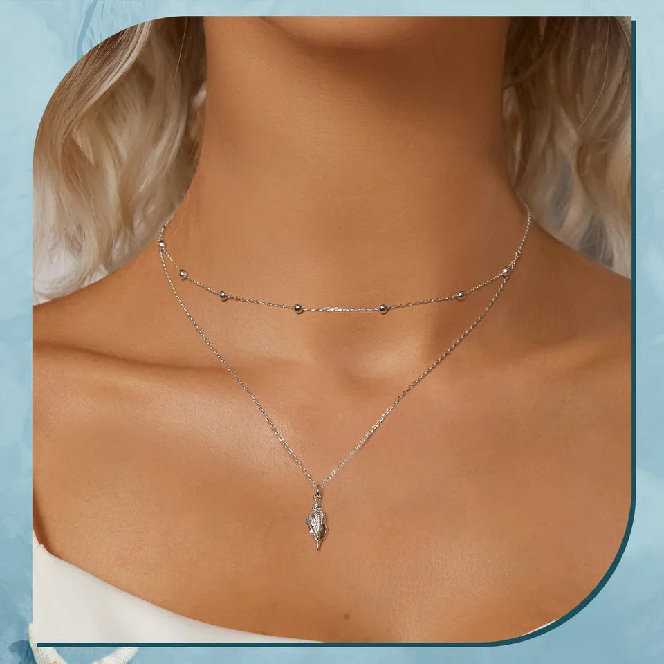 925 Sterling Silver Conch Layered Pendant Necklace Multilayer Stylish Choker Necklace for Women Ocean Series Jewelry